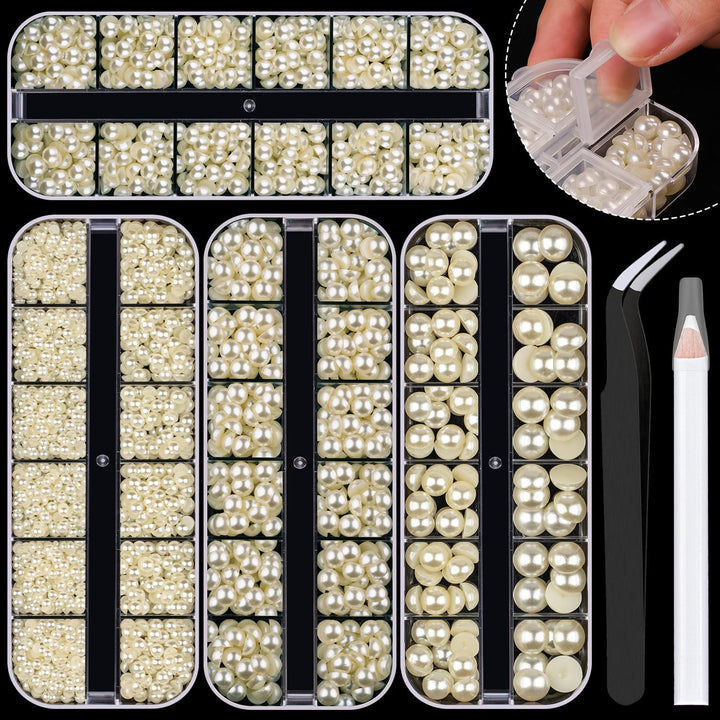 16500Pcs Flatback Pearls for Crafting (White), Assorted Size 2/3/4/5/6/8/10Mm Half Pearl with 3Pcs 10Ml B7000 Jewelry Glue, Bedazzling Kit for DIY Crafts Clothing Tumbler Shoes Embellishment Nail Art