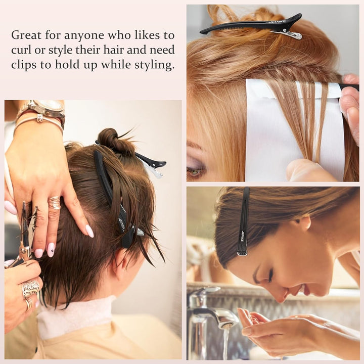 6Pcs Professional Hair Clips for Styling Sectioning, Non Slip No-Trace Duck Billed Hair Clips with Silicone Band, Salon and Home Hair Cutting Clips for Hairdresser, Women, Men - Black 4.3” Long