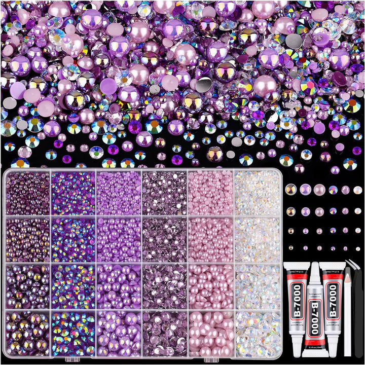 9000PCS Flatback Pearls and Pink Rhinestones for Bedazzling Kit, Pink White 3-10Mm Resin Rhinestones Gems and Half Pearls for Crafting, Nail Art and Grad Cap Decor with B7000 Jewelry Glue