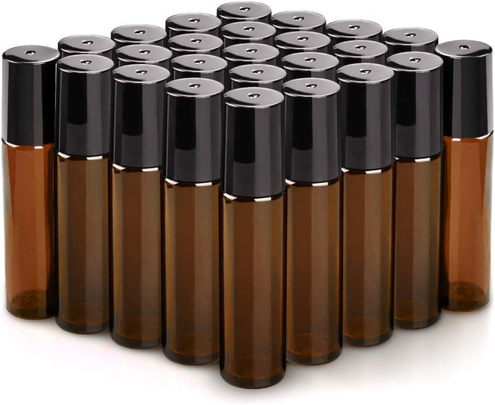 12 Pack Essential Oil Roller Bottles Stainless Steel, 10Ml Amber Glass Roller Bottles with Caps for Travel, Perfume and Lip Gloss