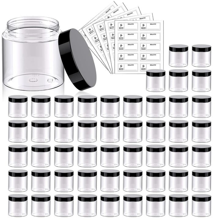 50 Pack 4 OZ Plastic Jars round Clear Cosmetic Container with Black Lids,  Slime Jars for Lotion, Cream, Ointments, Makeup, Eye Shadow, Rhinestone, Samples, Pot, Travel Storage
