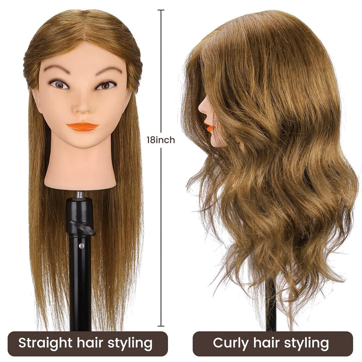 Mannequin Head with 100% Real Hair for Cosmetology,  18" Light Brown Hairdresser Training Head with Clamp Holder and Tool, Doll Head Mannequin Head for Hair Styling Practice