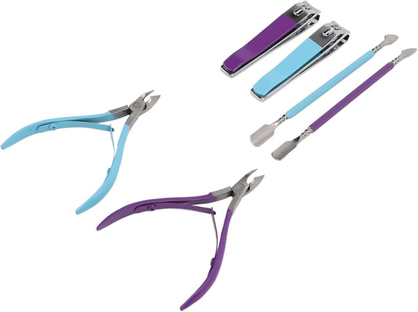 Professional Stainless Steel Cuticle Trimmer Nippers Set with Cuticle Pusher, Nail Care Tool Ideal for Home and Salon Use, Blue Purple