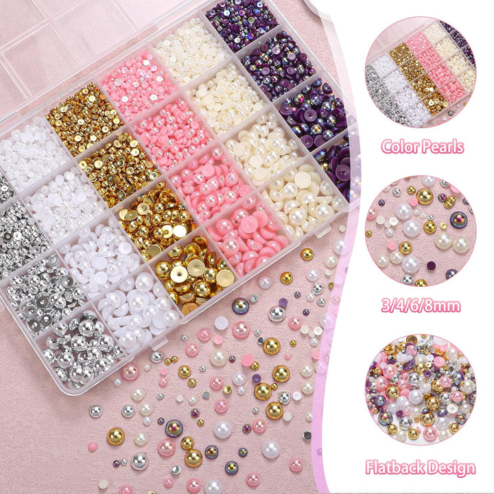 9000Pcs Flatback Pearls for Crafting, Silver Gold White Nail Half Pearls and Gems, 3-8Mm Color Pink Beige Purple Half round ABS Flatback Pearl Beads Bedazzling for Nails DIY Shoes Clothes Bags