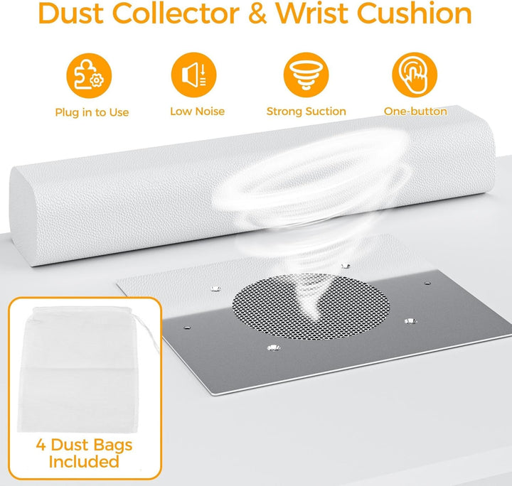 Manicure Table, L-Shaped Nail Tech Desk with Dust Collector, Reversible Rotating Table & Storage Shelf, Acetone Resistant Beauty Salon Station, White