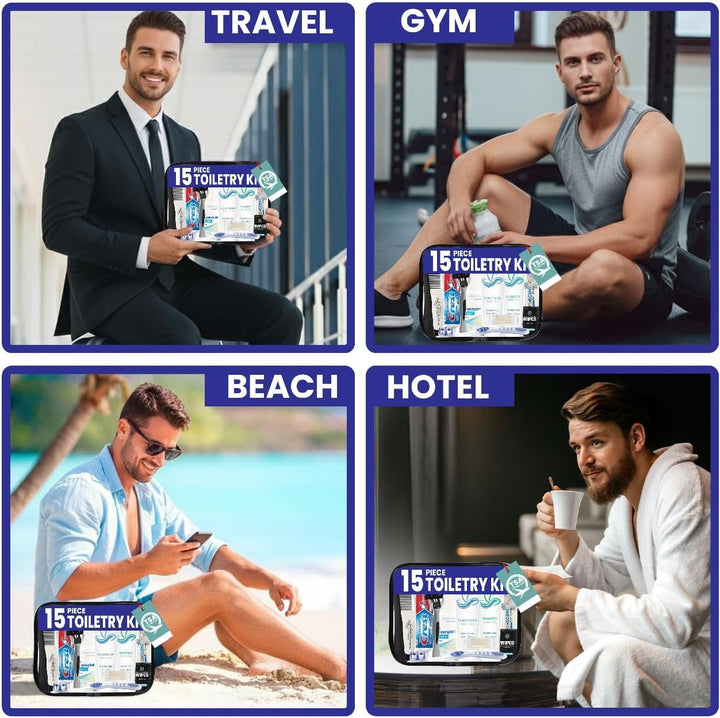 Travel Toiletry Kit for Men and Women – 15 Piece Set of Travel Size Toiletries, TSA Compliant, Includes Shampoo and Conditioner, Body Wash, Toiletry Bag & More