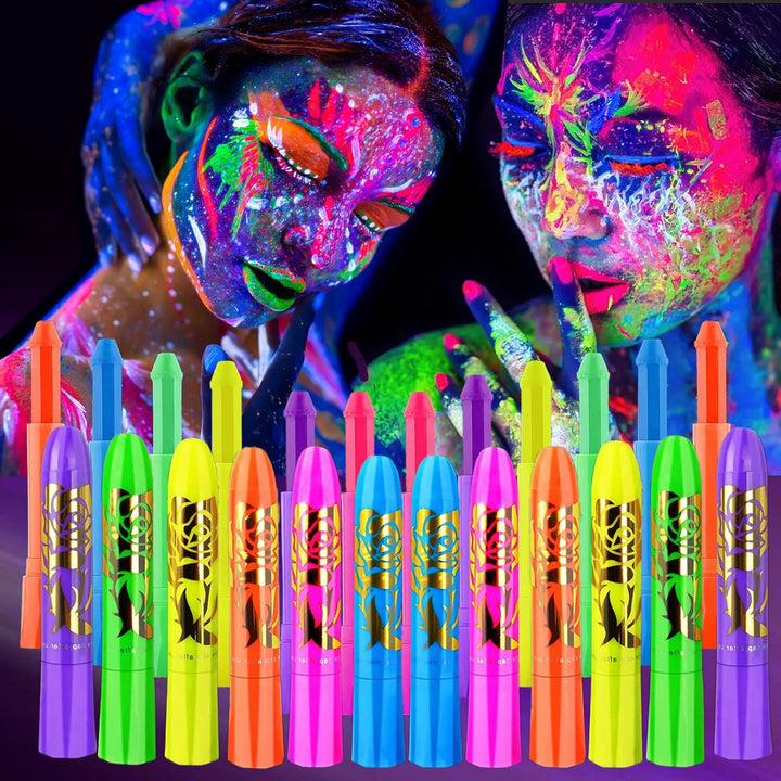 12 PCS Glow Face Body Paint, Glow in the Dark under UV Black Light Sticks Makeup Neon Face Painting Kits for Adult Halloween Festival Accessory Glow Party Supplies