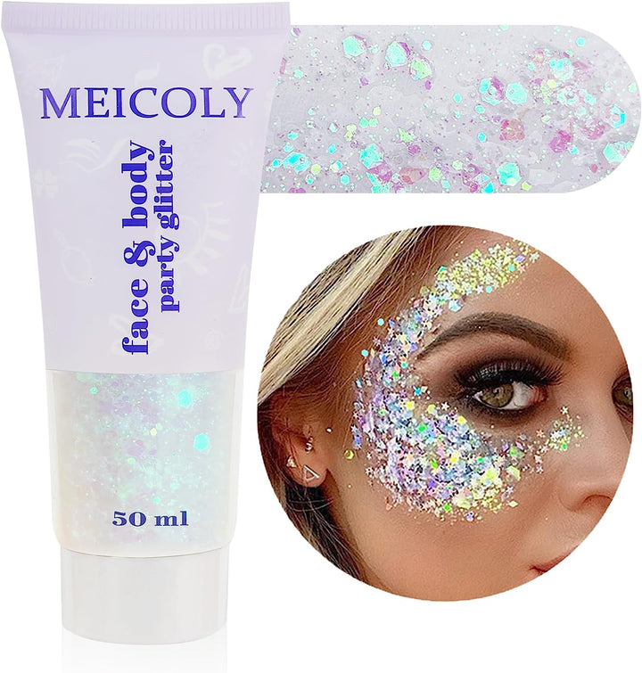 Clear White Body Glitter,Singer Concerts Music Festival Rave Accessories,Mermaid Face Glitter Gel,Sequins Glitter Face Paint,Chunky Hair Sparkling Halloween Glitter Gel for Women,50Ml