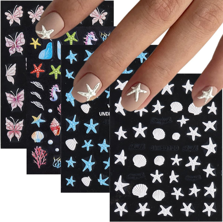 5D Embossed White Flowers Nail Stickers, 5 Sheets Self-Adhesive Floral Nail Decals, Spring Rose Butterfly Nail Art, 3D Acrylic Flowers for Manicure Decor