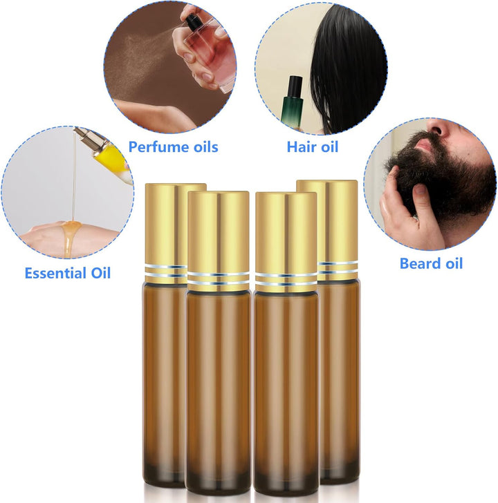 4 Pack of 0.34 Oz (10Ml) Essential Oil Roller Bottles - Refillable, Leak-Proof Amber Glass Roll-On Bottles with Stainless Steel Roller Balls, Metal Caps, and Labels Included