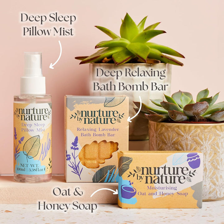 Nurture by Nature RELAX & CALM Spa Kit - Birthday Gifts for Women - Spa Gift Baskets for Women, 6-In-1 Self Care Kit, Bath Sets Gift - Lavender Pillow Mist, Bath Salts, Body Scrub, Bath Bomb