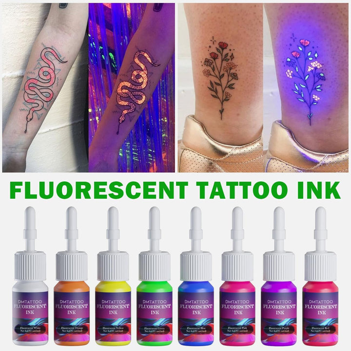 8Color Fluorescent Tattoo Ink Set, 8Pcs Tattoo Ink Color Set,Glow in the Blacklight, Skin-Safe Permanent Tattooing for 3D Makeup Beauty Skin Body Art, 0.17Fl Oz 5Ml/Bottle