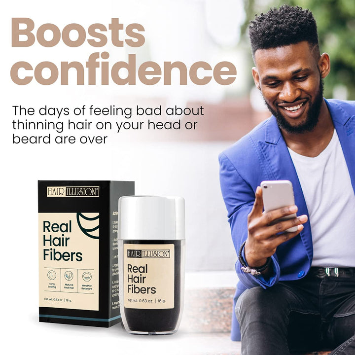 Black Real Hair Fibers for Thinning Hair - 100% Natural Texture, Non Synthetic Hair Fibers - Bald Spot Cover up for Women & Men - 18 Gram