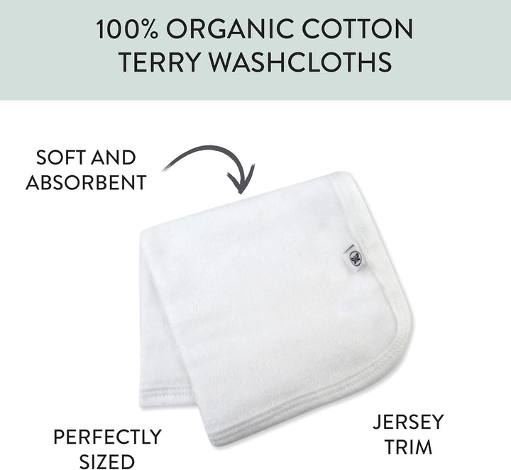 10-Pack Terry Wash Cloths in Gift Box 100% Organic Cotton for Infant Baby Boys, Girls, 10-Pack White, One Size