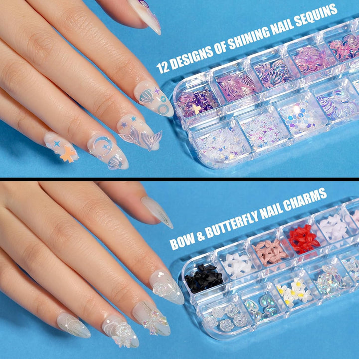 Acrylic Nail Kit with Chrome Powder, Almond Tips, Art Brushes, Charms, 3D Gel, Tools, Stand - Beginner Set