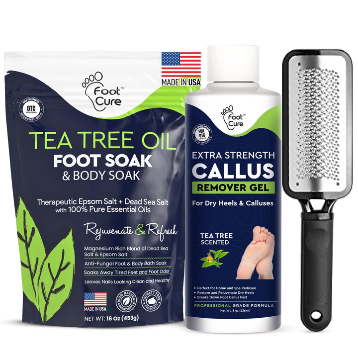 Exfoliator & Callus Remover Pedicure Set – Care Kit Includes File for Dead Skin, Tea Tree Oil Soak Salts, Urea Cream 40 Percent Removal Gel Made in USA, Ivory, 4 Piece