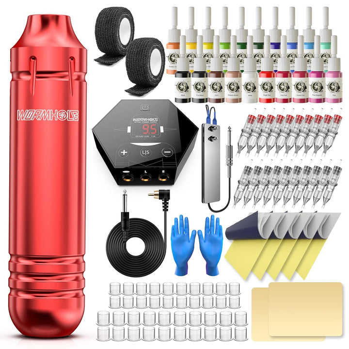 Kit Tattoo Gun Kit Tattoo Machine Kit for Beginners Tattoo Gun 20 Color Inks Power Supply Tattoo Pen Kit Red