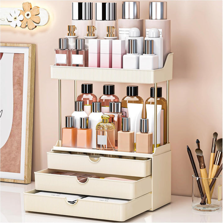 5 Tiers Bathroom Counter Organizer - 3 Drawers Makeup Organizer, Cosmetic Storage Drawer for Dresser Countertop and Bathroom Vanity for Large Skincare, Perfume, Clear