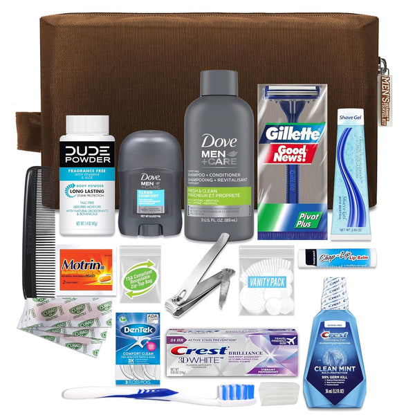 Men’S Premium 20-Piece Kit with Travel Size TSA Compliant Essentials, Featuring: Dove Men & Care Products in Brown Dopp Bag