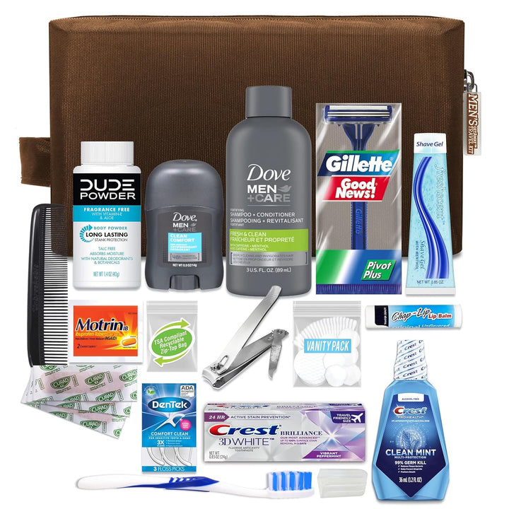 Men’S Premium 20-Piece Kit with Travel Size TSA Compliant Essentials, Featuring: Dove Men & Care Products in Brown Dopp Bag