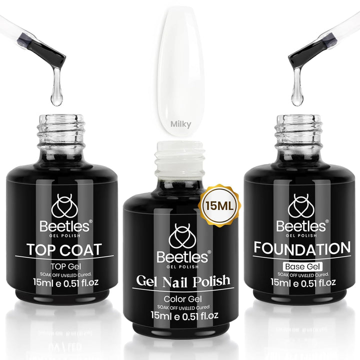 Beetles 3Pcs 15Ml White Gel Nail Polish and No Wipe Gel Top Coat & Base Coat Halloween Set, Soak off UV Lamp and Long Lasting Glossy Top Coat French Manicure Art Design Kit