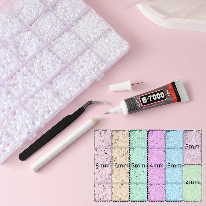 14000 Pcs Flat Back Pearls for Crafting with B7000 Glue White Half Pearl Beads for Jewelry Making Beads for Nails Party Face Clothes Shoe Balloon Birthday Decorations Cup DIY 2/3/4/5/6/8Mm