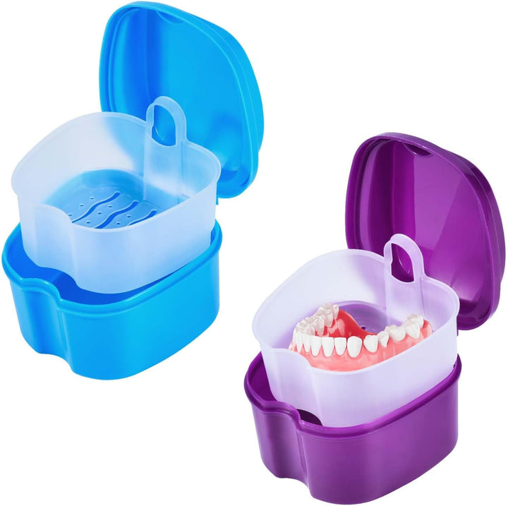 2 Pack Colors Denture Bath Case Cup Box Holder Storage Soak Container with Strainer Basket for Travel Cleaning (Light Blue and Blue)