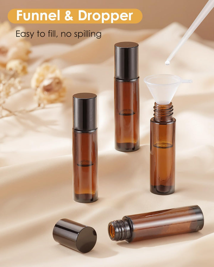 4 Pack Essential Oil Roller Bottles, 10Ml Refillable Amber Glass Roller Bottles with Stainless Steel Roller Balls and Caps for Travel, Perfume and Lip Gloss