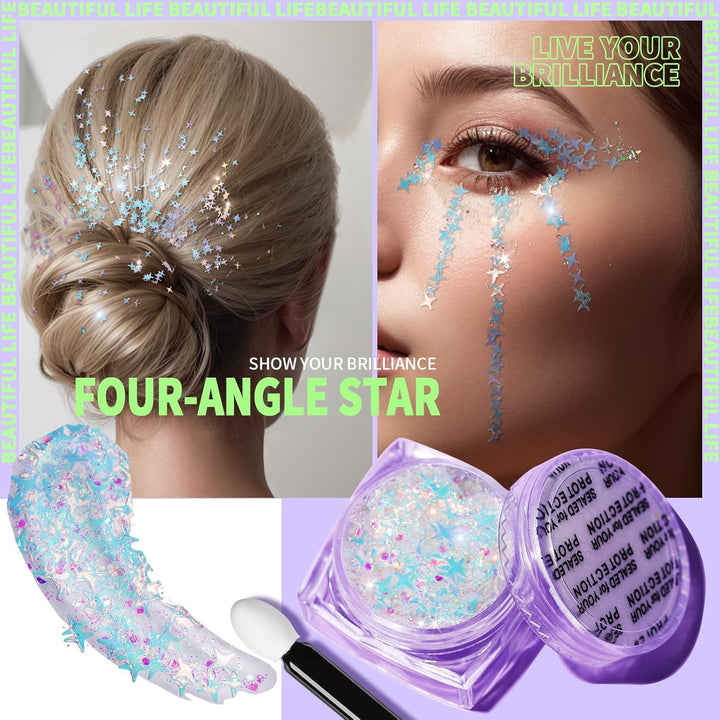 Face Glitter Body Glitter, Clear White Body Glitter Gel, Hair Glitter Gel, 6 Shapes Rave Glitter, Mermaid Sequins Makeup Glitters Face Paint, Chunky Sparkling Glitter Gel for Women