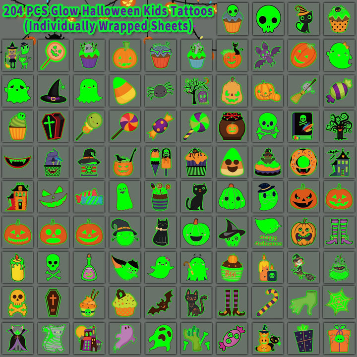 204 PCS Individually Wrapped Sheets Glow Halloween Tattoos for Kids Party Decorations, Luminous Pumpkin Tattoo Stickers, Kids Halloween Treats, Party Supplies
