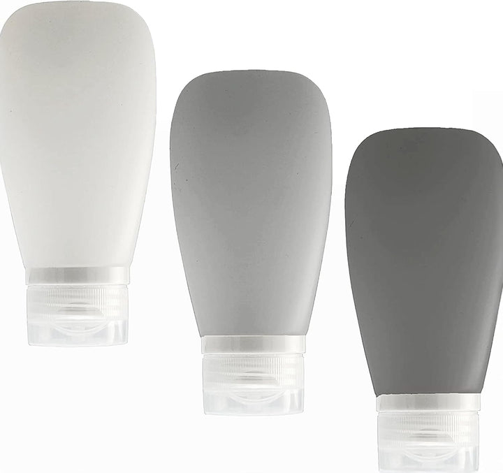 Travel Bottles for Toiletries, TSA Approved 3Oz (90Ml) Leak Proof Silicone Refillable Squeeze Travel Size Containers BPA Free for Cleansers, Lotions, Shampoo 3-Pk (Black-Gray-White)