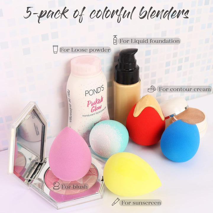 Makeup Sponge Set 5 Pack Micro Porous Low Absorption Soft Latex Free Foundation Beauty Sponges & Blenders for Powder Cream, Stocking Stuffers for Women