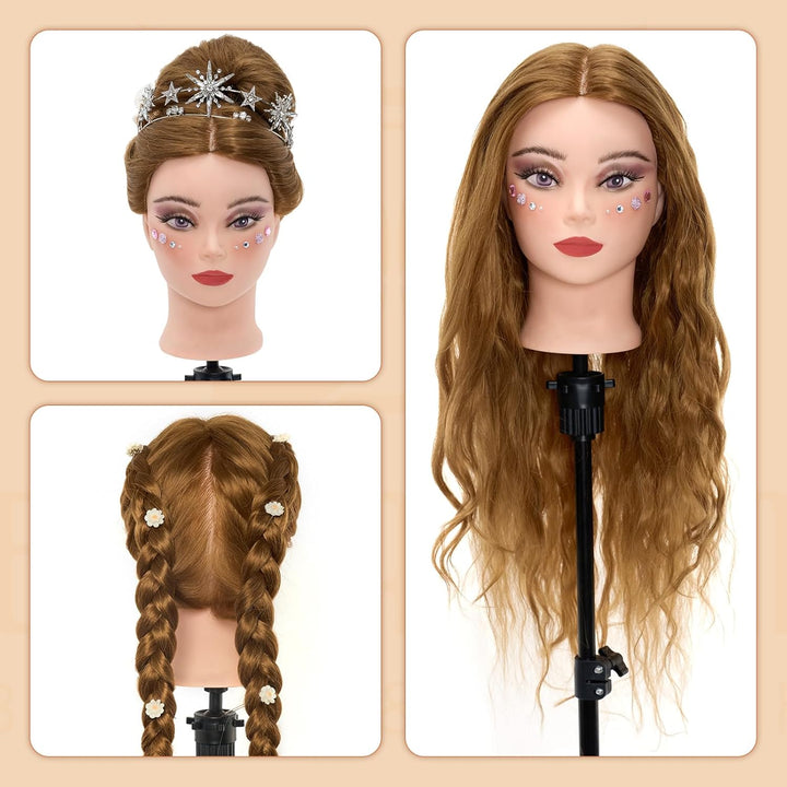 Mannequin Head with 80% Real Human Hair, 28“ Make up Cosmetology Manikin Practice Head with Hair,Braiding Hairdressing Doll Head with Table Clamp + DIY Hair Styling Set Suitable for Hair Extensions