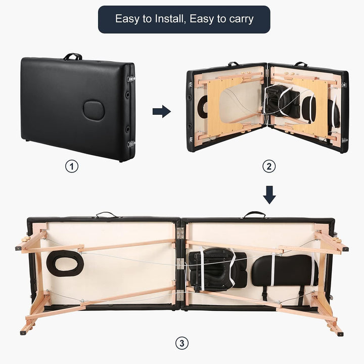 Massage Table Portable Lash Bed Wide Massage Bed Beauty Spa Tattoo Face Cradle Height 35Inch Adjustable 2 Fold for Gift with Bag Black