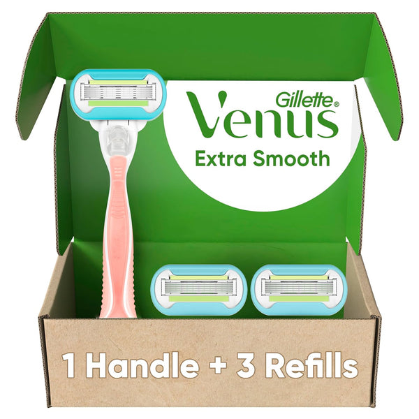 Extra Smooth Pink Women'S Razor, Pivoting Razor Head, 5 Blades for an Extra Smooth Shave, Handle + 3 Blade Refills