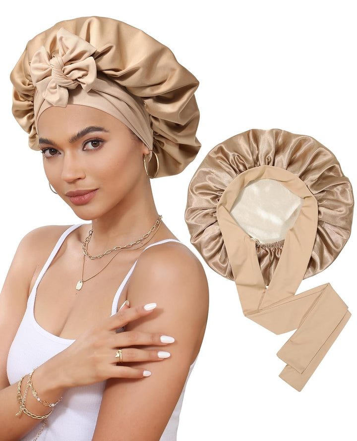 Satin Bonnet for Sleeping Cap Double Layer Hair Bonnet with Elastic Tie Band for Curly Hair Night Cap (Bean Paste + Pink)