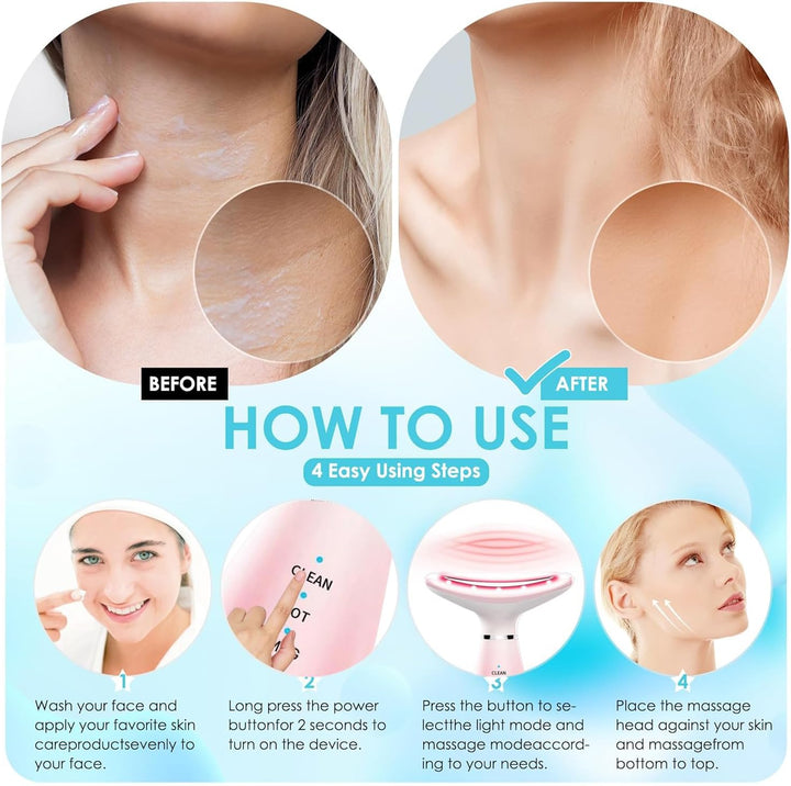 Face Massager -7 Color Red-Light-Therapy for Face and Neck for Wrinkles, Double Chin, Vibrating Facial Massager with Thermals (Pink)