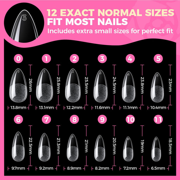 Almond Gel Nail Tips, 504PCS Pre Etched Clear Fake Nails Tips Medium Almond Shape - 12 Sizes Full Cover Soft Acrylic Press on Nail Extensions No C Curve Gift for Diy at Home