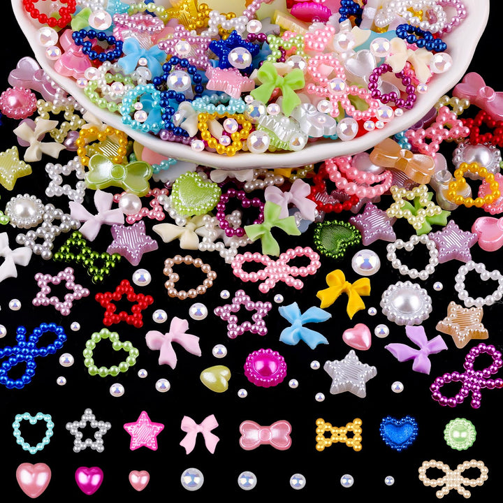 1200Pcs 3D Multi Shapes Nail Charms and Flatback Pearls, White&Pink Mix Styles Heart Star Bow Sunflower Embellishments for Nail Art, Craft and Decoration with Tweezer and Pickup Pencil