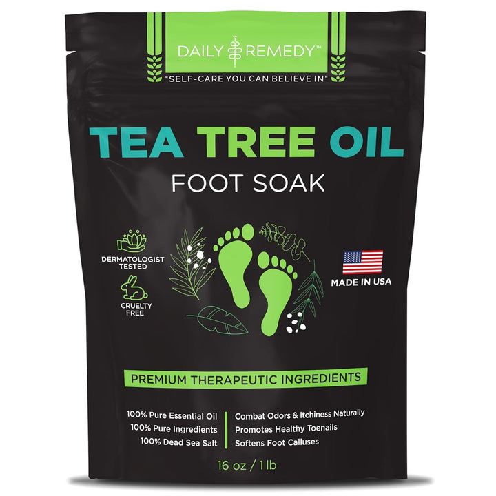 EXTRA STRENGTH Tea Tree Oil Foot Soak W/ Epsom Salt Made in USA Toenails，Athlete'S Foot，Itchy Feet，Stubborn Smelly Foot Odor，Pedicure Calluses & Soothes Sore Tired Achy Feet 16 Oz，Black