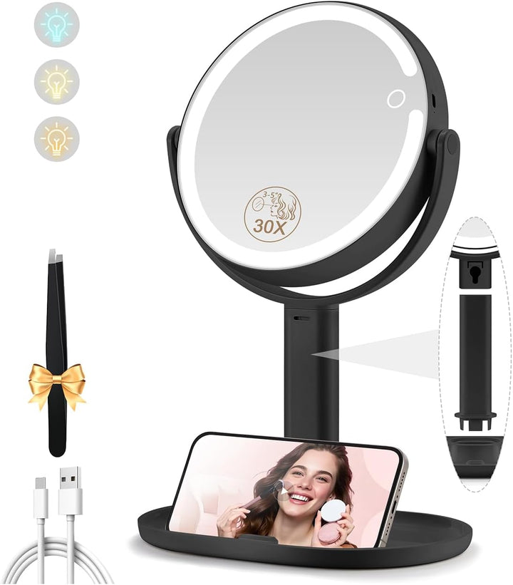 Makeup Mirror with Lights, Double Sided 1X/20X Magnifying Mirror with Light, Rechargeable 3 Color Lights and Adjustable Brightness, 360° Rotation Detachable Comes with Tweezer(White)