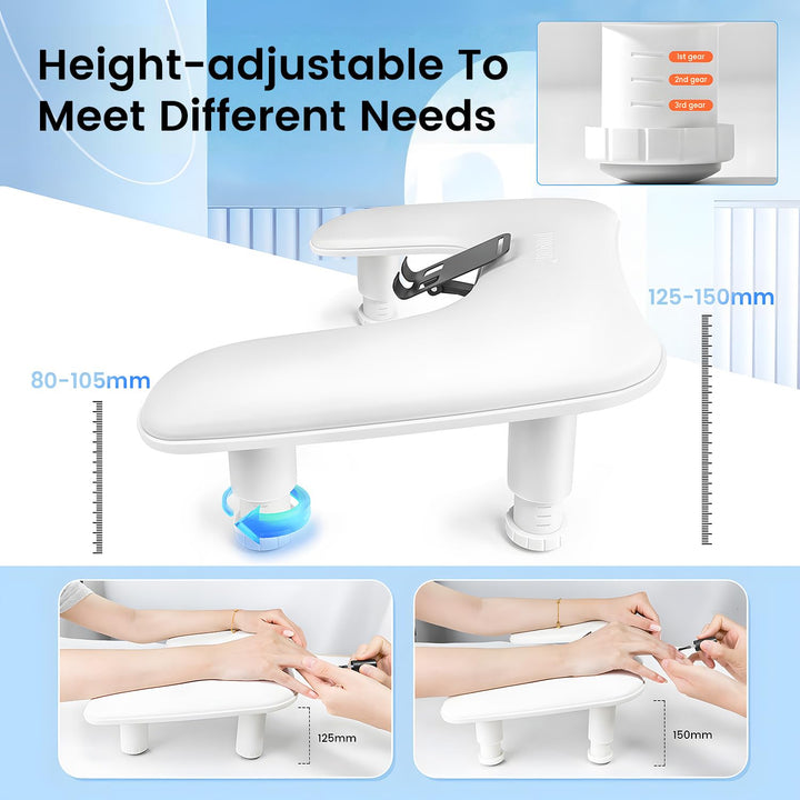 U Shaped White Manicure Arm Rest for Nails Tech with Rotating 360°Built-In Phone Holder and Adjustable Nail Arm Rest Detachable Manicure Hand Rest for Salon Design