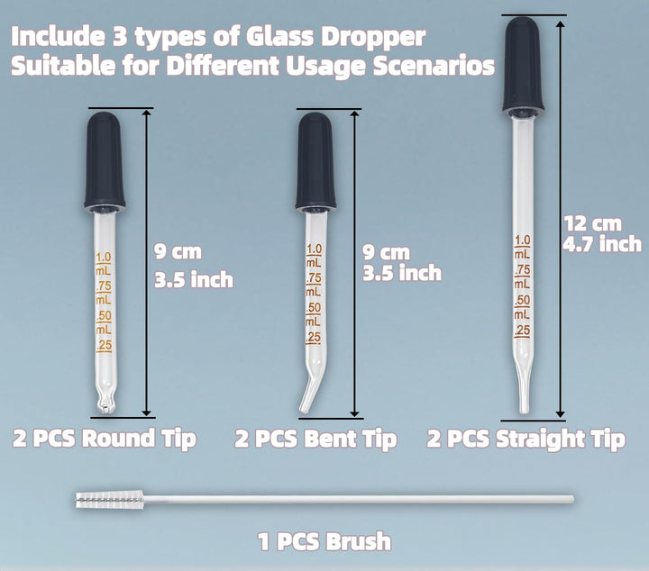 6 Pack Glass Pipette Dropper with Brush - Bent & Straight Tips, 1 Ml Eye Droppers for Essential Oils, Lab, Crafts, Measuring and Transferring Liquids