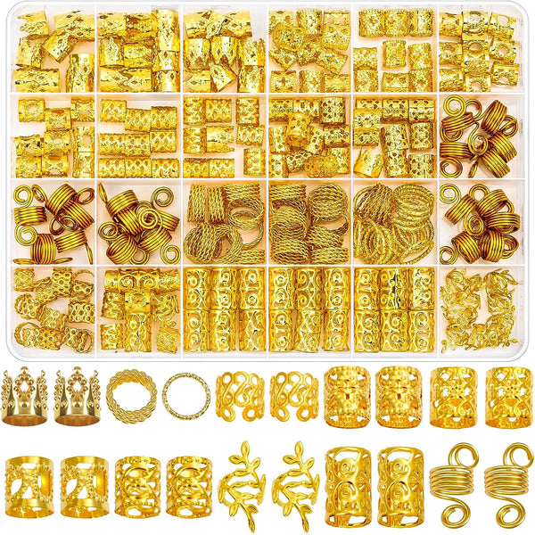 220 Pcs Gold Hair Jewelry for Braids, Loc Jewelry for Hair Dreadlock, Loc Charms for Women, Metal Gold Braids Rings Cuffs Clips for Dreadlock Accessories Clip Braids Extensions Decorations