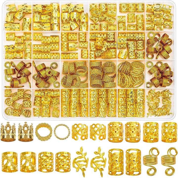 220 Pcs Gold Hair Jewelry for Braids, Loc Jewelry for Hair Dreadlock, Loc Charms for Women, Metal Gold Braids Rings Cuffs Clips for Dreadlock Accessories Clip Braids Extensions Decorations