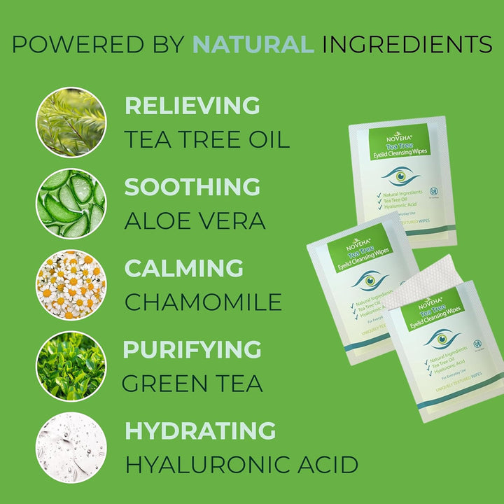 60Pcs Tea Tree Oil Eyelid & Lash Wipes | with Hyaluronic Acid, Green Tea & Chamomile for Blepharitis, Itchy & Stye Eyes, Individually Wrapped, Natural Eyelash Makeup Remover & Daily Cleanser