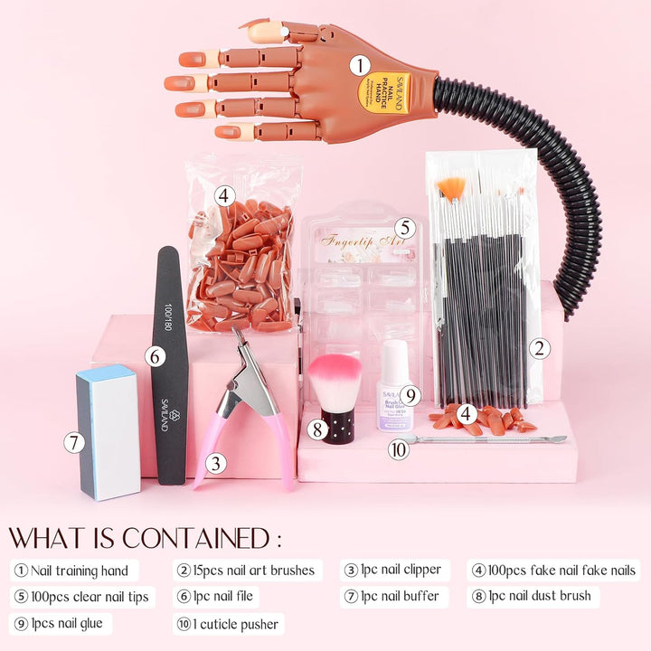 Practice Hand for Acrylic Nails, Flexible Moveable Fake Hands, Manicure Trainng Hand Nail Kit for Beginners, Movable Nail Maniquin Hand with 200PCS Nail Tips, Nail Glues, Brush and Clipper