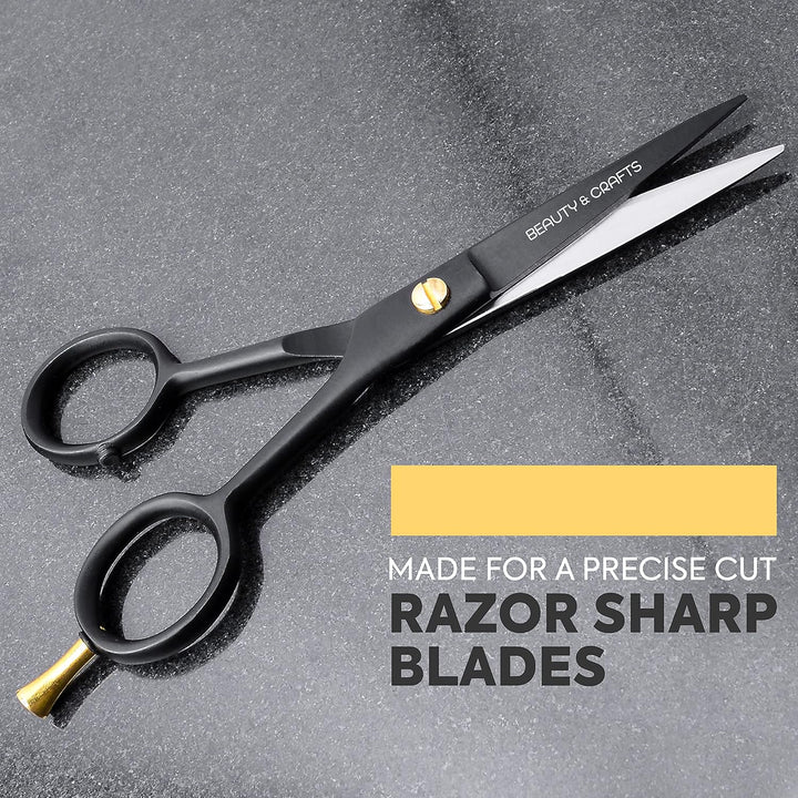 - 5'' German Beard Mustache Scissors - 2 Mustache Comb for Facial Hair with Beautiful Pouch - Beard Trimming Scissors Use for Grooming, Cutting, and Styling of Mustache (Black)