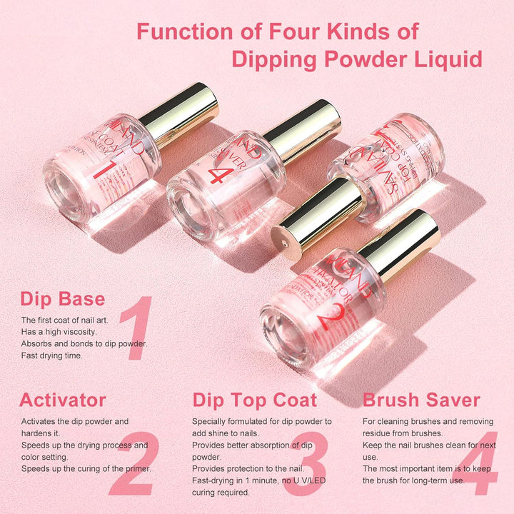 Dip Powder Liquid Set 15 Ml/0.5 Oz,10 Pcs Nail Dip Liquid Set with Base/Top Coat, Activator Brush Saver Acrylic Gel Nail File No Curing Needed DIY Home Salon Quality