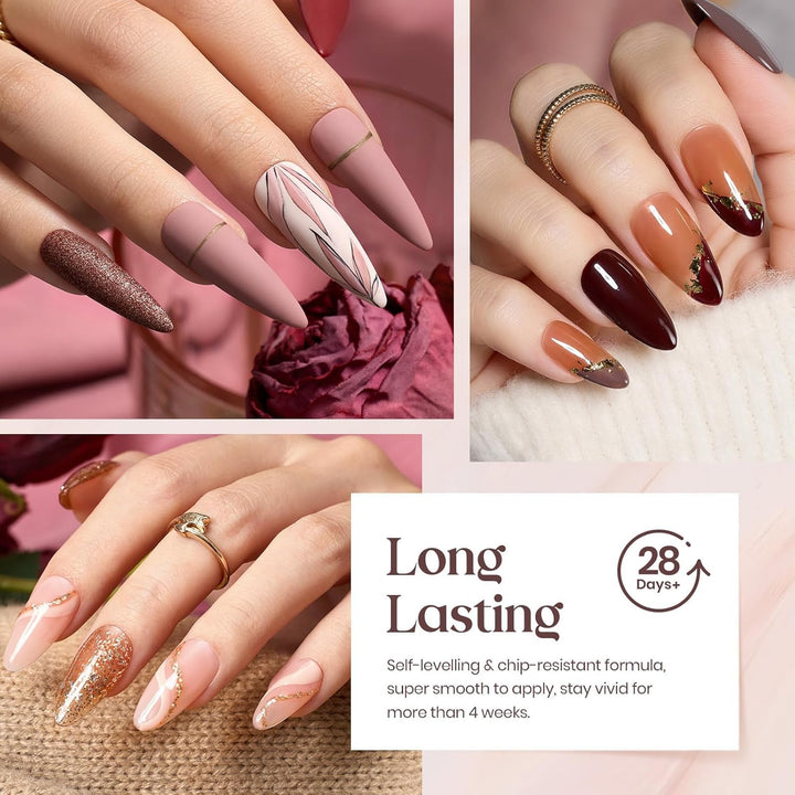 Beetles Gel Nail Polish Kit, 23Pcs Fall Nude Pink Brown Burgundy Red Gel Polish Set with Base Top Coat Verse of Roses Kit, Soak off Uv Gel Golden Glitter Holiday Nail for Women